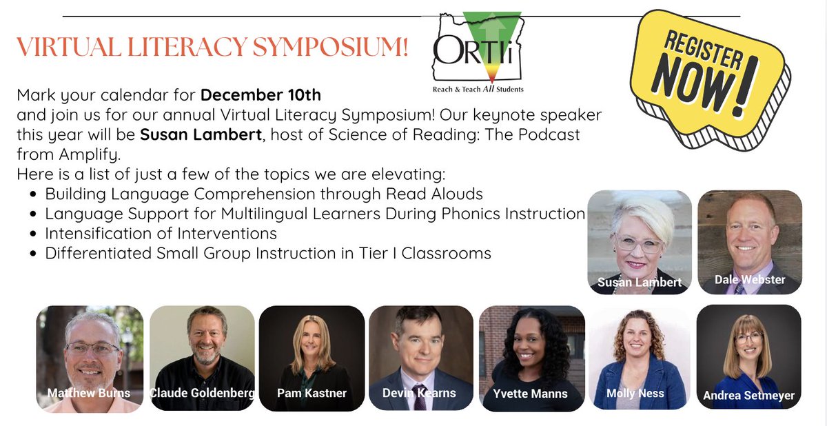 Check out this lineup! Register now for this incredible day of free literacy learning!
Matthew Burns, Claude Goldenberg, Pam Kastner, Devin Kearns, Yvette Manns, Molly Ness, Andrea Setmeyer, Dale Webster, and Susan Lambert all in one morning! Click to register.