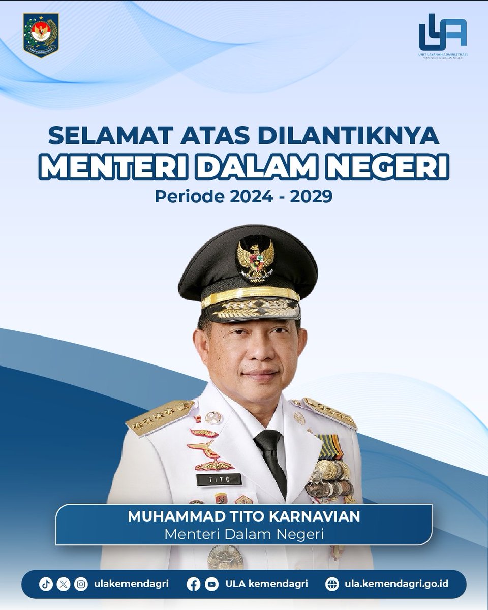 ulakemendagri's tweet photo. Selamat kepada Menteri Dalam Negeri @titokarnavian yang telah dilantik. 

Semoga amanah dan sukses dalam mengemban tugas untuk menjaga stabilitas serta memajukan pemerintahan Indonesia! https://t.co/kMkqHAFgOG