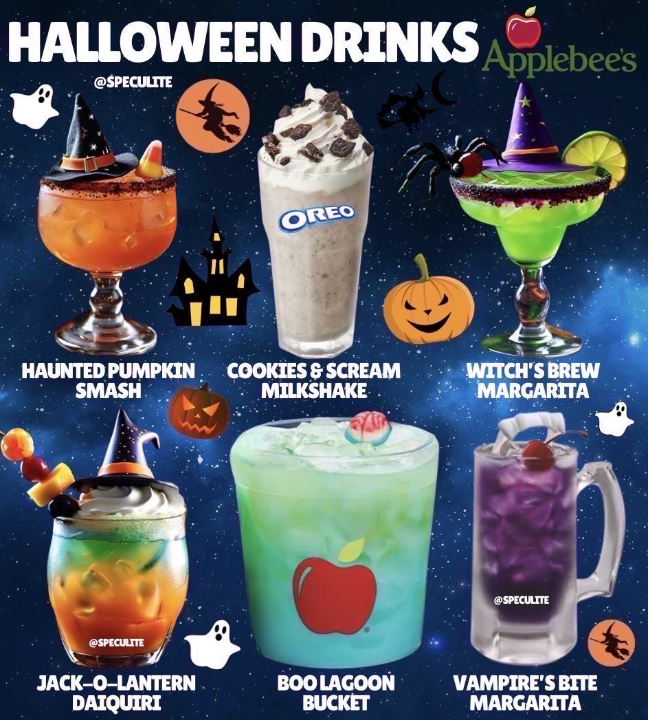 Applebee’s has just added a bunch of Halloween drinks to their menu, and they look awesome! 

Which one of these drinks looks the most intriguing to you? 

#applebees #foodpics #foodie #food #fastfood #burger #fries #pizza #pasta #icecream #drinks #halloween