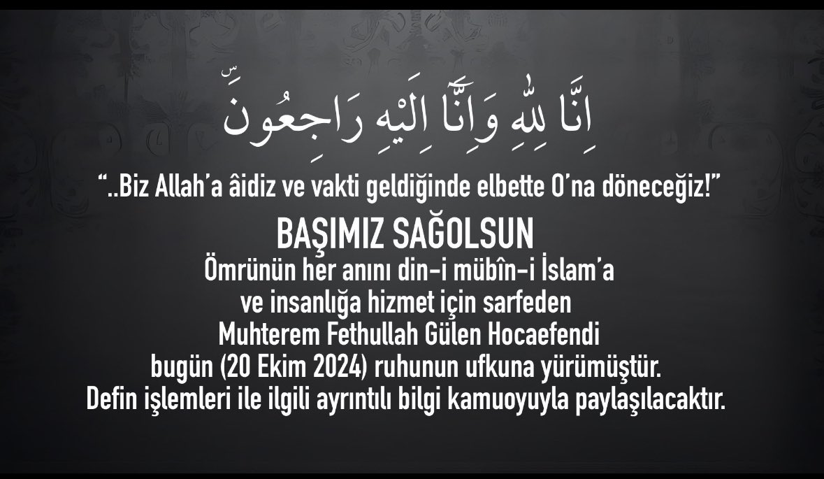 AKurucan's tweet photo. Her fani beşer gibi Hocaefendi ruhunun ufkuna yürüdü. Allah rahmet eylesin. Mekanı cennet olsun. https://t.co/5UXjMSNJTf