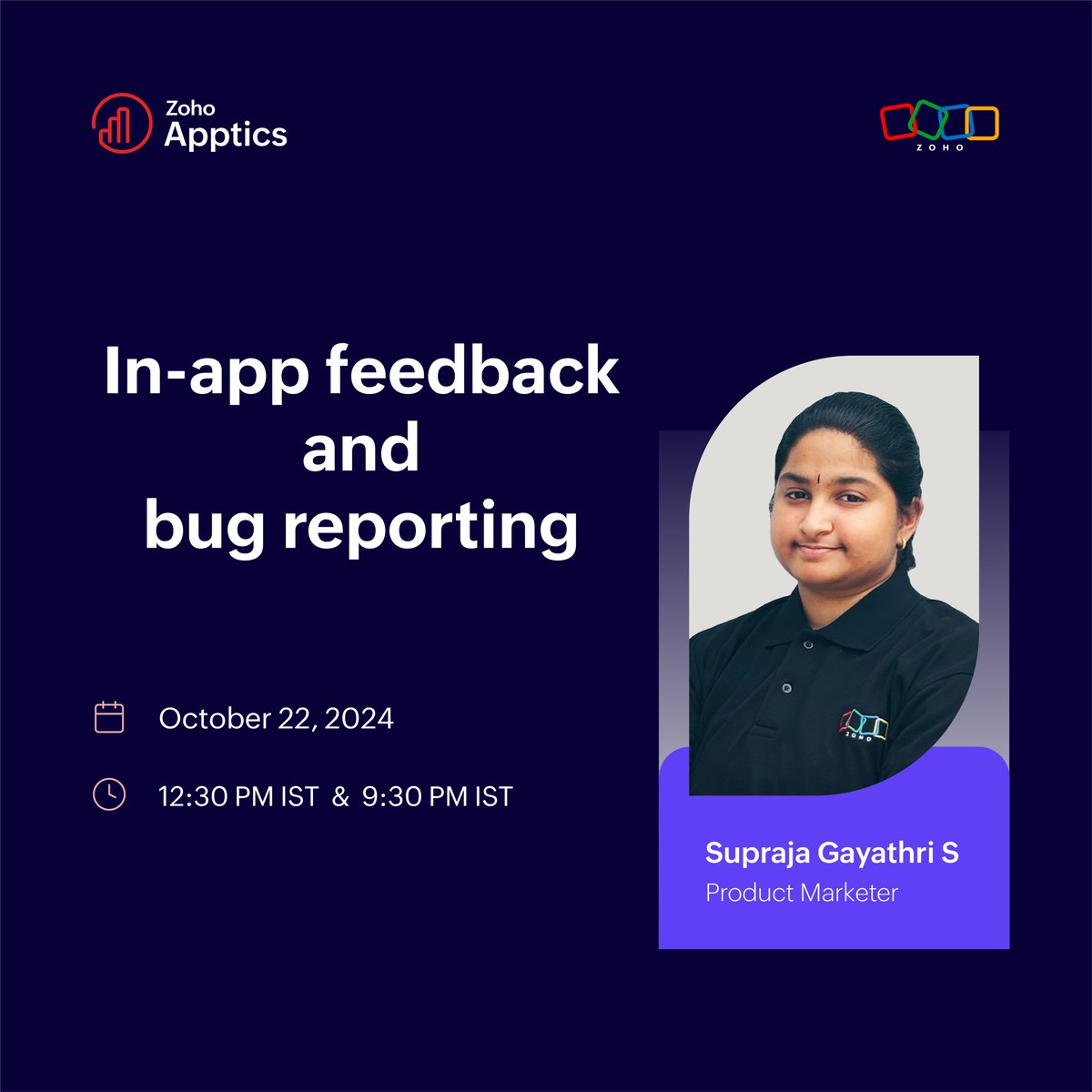 ZohoApptics's tweet image. 📣Join us in tomorrow&apos;s #FreeSession on in-app #feedback and #bug reporting. 
After the #webinar, you can:
👉Build your in-app feedback system 
👉Gather contextual feedback
👉Optimize #UserExperience
Register now - zoho.to/UOd
#feedbackloops #Analytics