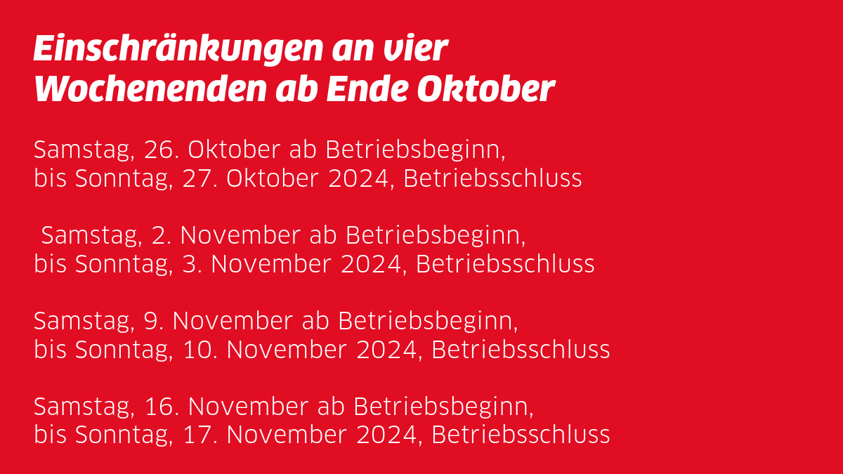 Wegen Bauarbeiten kommt es an vier Wochenenden ab Ende Oktober zu Einschränkungen und Zugausfällen. Betroffen sind Verbindungen zwischen Zürich-Thalwil-Wädenswil, Zürich-Zug, Zürich-Arth-Goldau, Arth-Goldau–Küsnacht am Rigi. Beachte den Online-Fahrplan. sob.ch/betriebslage