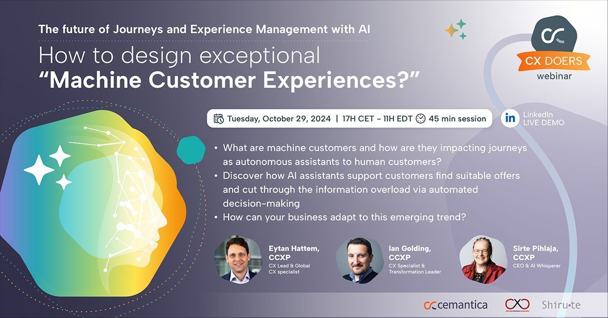 sirteace's tweet photo. 🚀 Curious about #MachineCustomers Experiences? Join Sirte Pihlaja, Eytan Hattem &amp; Ian Golding on Oct 29 (5PM CET/6PM EET) to discover how #AI #DigitalAssistants are reshaping #CX.

https://t.co/VB8E9YO2NL 

#Shirute #Asiakaskokemus #CXPAFinland https://t.co/22isMZzK7W
