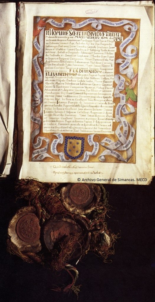 #TalDíaComoHoy de 1496, Juana de Castilla, hija de los #ReyesCatólicos, contrajo matrimonio en Flandes con Felipe el Hermoso previa firma de la capitulaciones un año antes. Acabó con la sustitución de la dinastía Trastámara por la Habsburgo.  Archivo de #Simancas