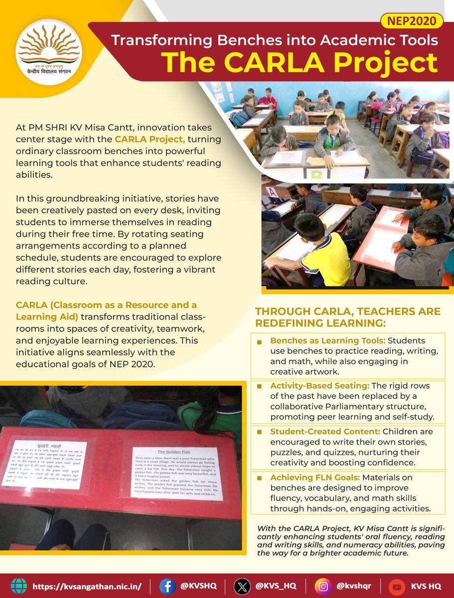 KVS_HQ's tweet photo. CARLA: Classroom as a Resource and a Learning Aid!
Transforming ordinary benches into vibrant learning tools, students explore stories during free time. This innovative approach fosters creativity, teamwork, and aligns with #NEP2020 goals.
#KVS #CARLAProject https://t.co/VenqZSykaJ