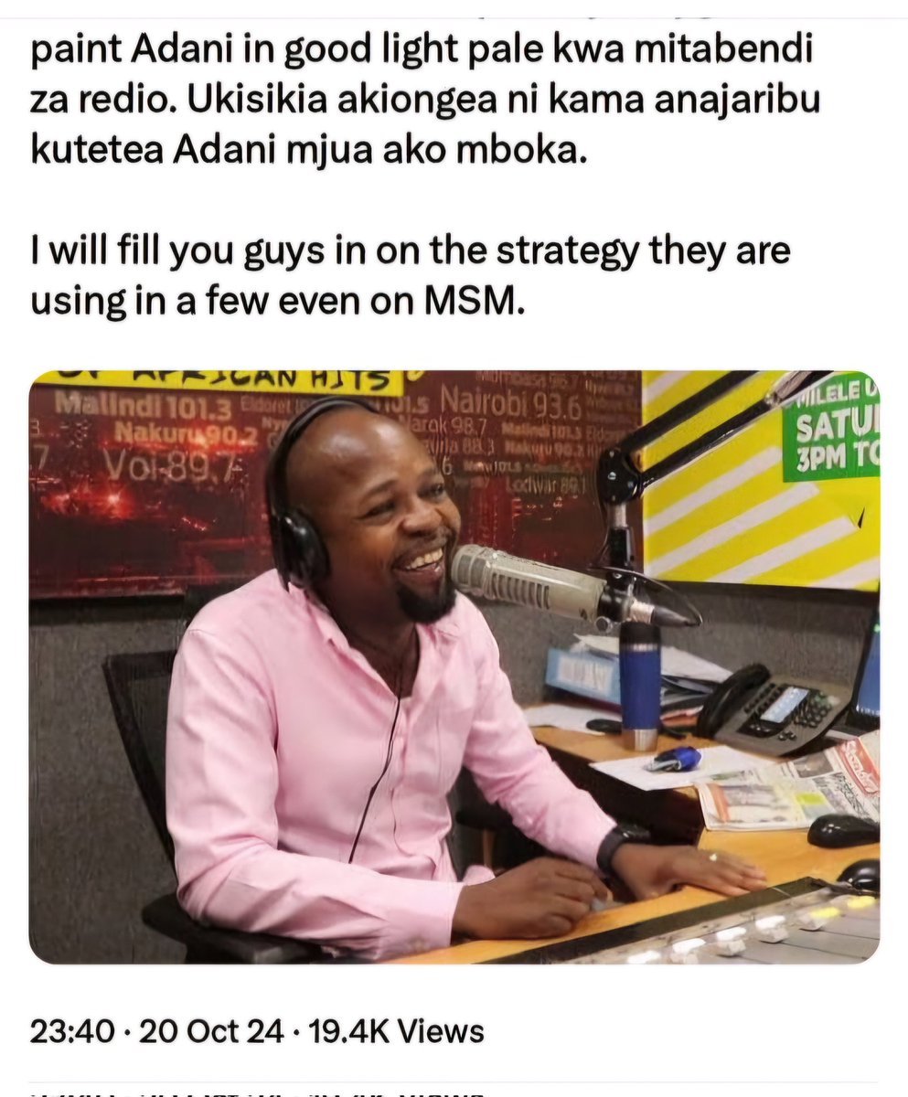 I don't know who posted this but I hear anaitwa Nelson Amenya. Check all my social media pages, listen to Radio 47, Ukiona mahali popote Alex Mwakideu ametetea Adani kivyovyote vile, Nakupatia 1M shillings cash money. This offer has no timeliness, so take your time. All the best!