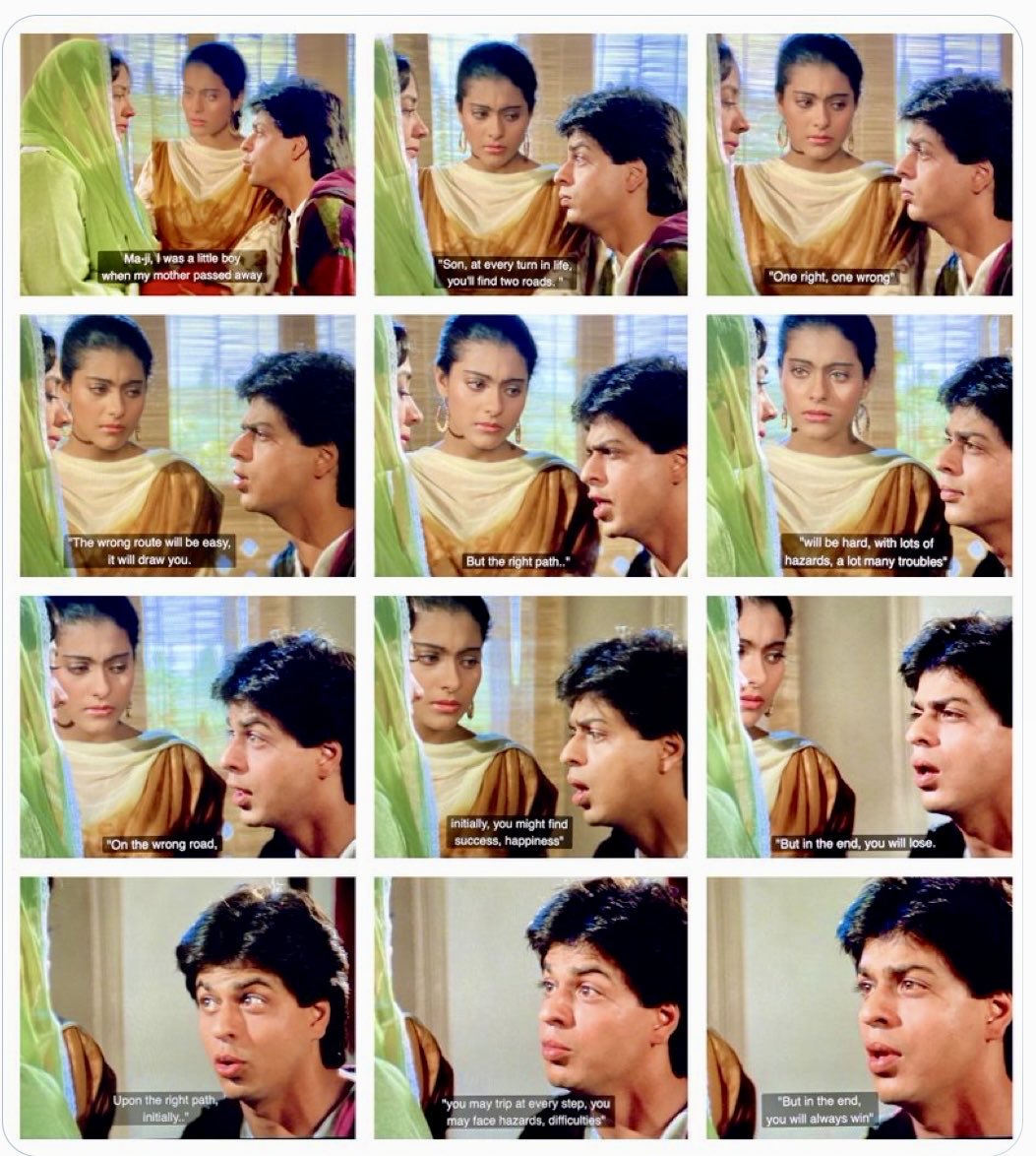 AmyStone2022's tweet photo. I love this scene from DDLJ, and l wonder if this was wisdom passed on to him by his real mother.
He certainly lives his life by this, and never shies away from anything that's difficult!๐
#20YearsOfDDLJ https://t.co/nrRo28IiQO