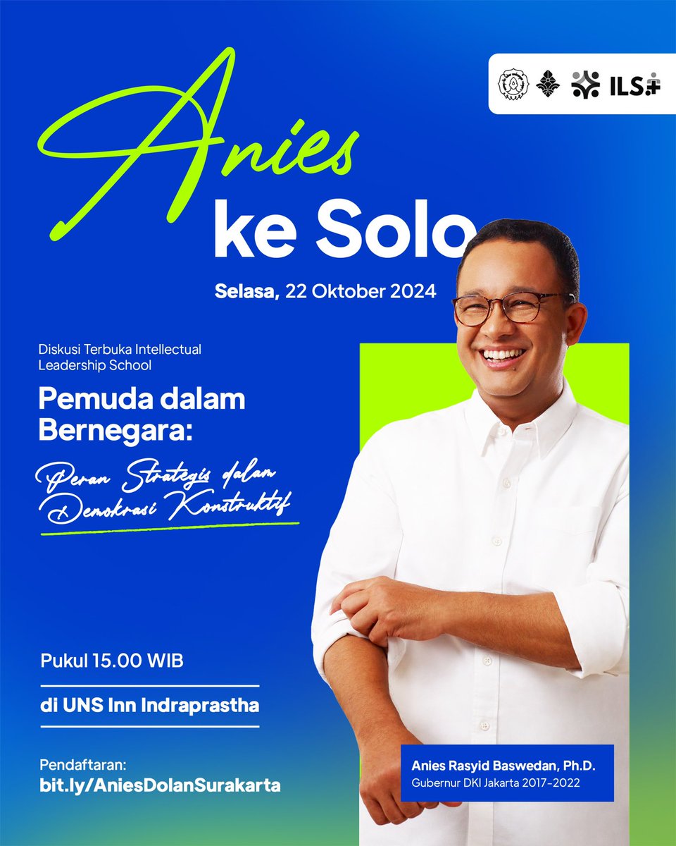 Besok akan dolan ke Solo untuk memberikan kuliah umum di Intellectual Leadership School.

Tak sabar bertemu teman-teman untuk bertukar gagasan mengenai “Pemuda dalam Bernegara: Peran Strategis dalam Demokrasi Konstruktif”.

Sampai jumpa besok Selasa, 22 Oktober 2024, pukul 15.00