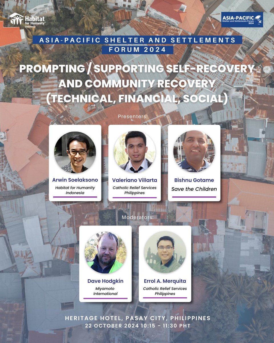 Excited to announce I'll be speaking about "Creating an ecosystem that enables acceleration of housing self-recovery in the post-disaster context" at the #APSSF2024 #APASSFManila