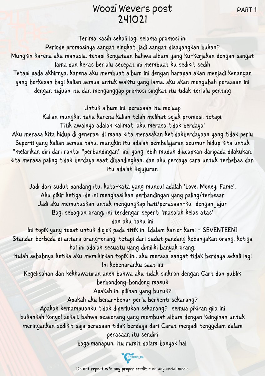 [#TRANS] Woozi Weverse post 241021

🍚: Itulah sebabnya ketika aku memikirkan topik ini, aku merasa sangat tidak berdaya sekali lagi
Ini kebenaranku saat ini
Kegelisahan dan kekhawatiran aneh bahwa aku tidak sinkron dengan Carat dan publik berbondong-bondong masuk
🍚:Apakah ini