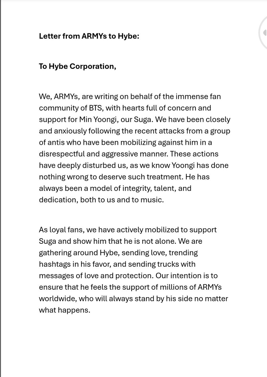 GeisiellenSilva's tweet photo. @kookflowers Letter from ARMYs to Hybe:
#ProtectSuga
#HybeDefendSuga
#SupportSuga
@HYBEINSIGHTtwt
ARMYs, precisamos nos unir para proteger o Suga de ataques injustos! 🙏 Escrevemos uma carta para a Hybe, pedindo que eles se pronunciem e defendam o nosso Yoongi. Vamos enviá-la em massa! https://t.co/TAqCsywIb0