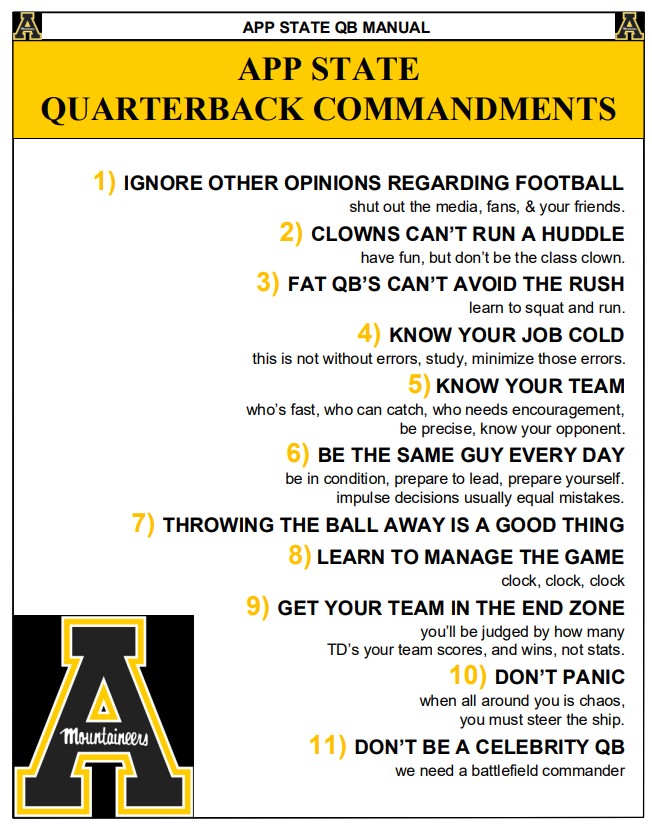 CoachCroyle's tweet photo. 2️⃣0️⃣1️⃣9️⃣ - App State: QB Commandments https://t.co/KtJIUOk30a