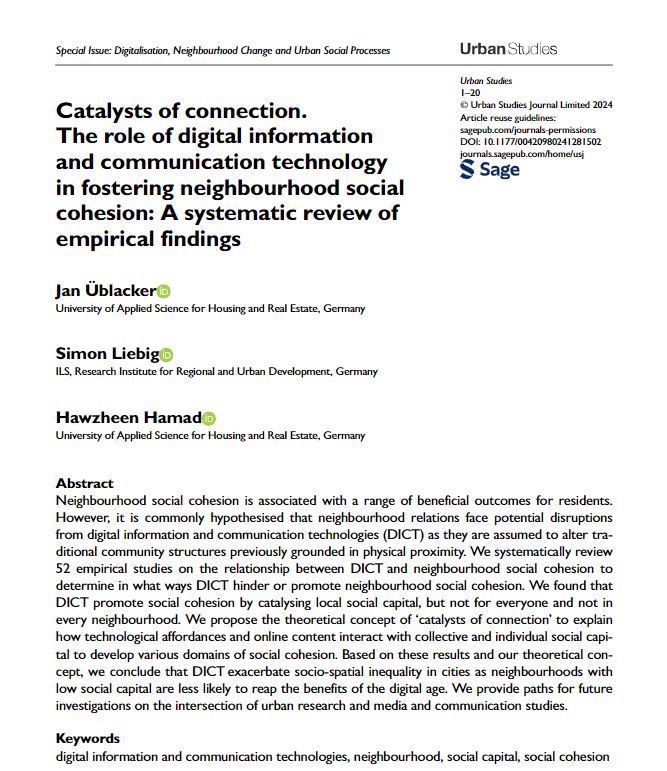 New study by <a href="/januebl/">Jan Üblacker</a>, <a href="/smnlbg/">Stadtmensch</a> &amp; Hawzheen Hamad finds that digital information and communication technologies exacerbates socio-spatial inequality in cities as #neighbourhoods with low #SocialCapital are less likely to reap the benefits of the #DigitalAge
ow.ly/7csU50TNm4j