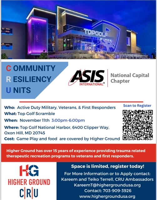 ASISNCC's tweet photo. Join us on Nov 11 for our Veteran Appreciation Top Golf Event, sponsored by Higher Ground USA.

This event aims to bring together active duty military, veterans, and first responders for 3-hours of Top Golf to celebrate our veterans. https://t.co/lW4kimW9XI