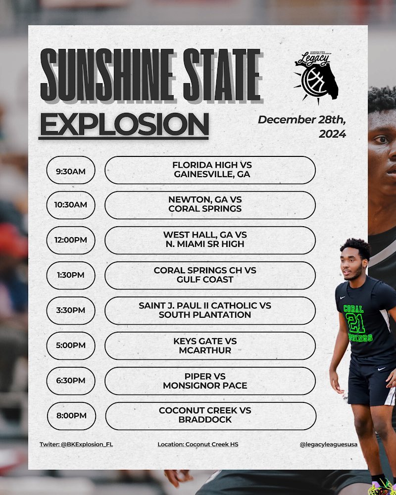 BKExplosion_FL's tweet photo. 🚨 🏝️ 🚨🏝️🚨🏝️🚨🏝️🚨🏝️🚨🏝️

Check 🆙 
Schedules out ! Tickets available 12/20.
📍: Coconut Creek HS
ℹ️: https://t.co/ulT794IKXn
The test before playoff success starts here 👇@rmfmagazine @PBCBBallForum @miamidadebb @RossVDG14 @OntheRadarHoops @BTS_Report @SHReport @prephoopsfl https://t.co/E9Vt4XNERE