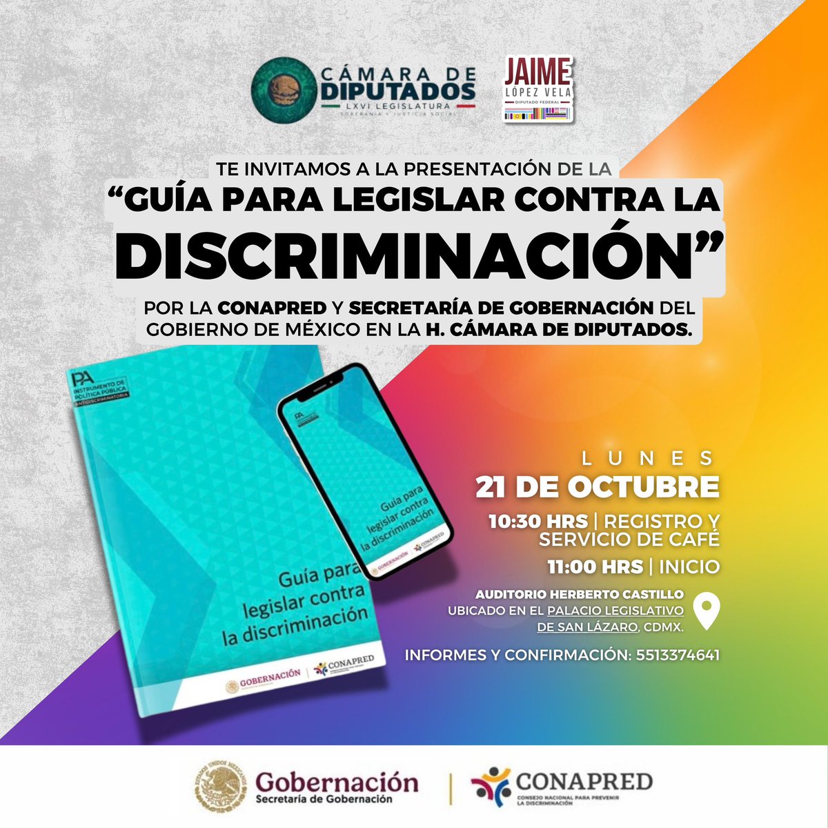 Jaime López Vela🏳️🌈🏳️⚧️ (@jaimelopezvela) on Twitter photo ¡Nos vemos mañana!
Desde <a href="/Mx_Diputados/">H. Cámara de Diputados</a> Les invitamos a la presentación de la “Guía para Legislar Contra la Discriminación”
📆 21 de octubre
⏰ 10:30 horas
📍Palacio Legislativo de San Lázaro
📞5513374661 ¡Nos vemos mañana!
Desde <a href="/Mx_Diputados/">H. Cámara de Diputados</a> Les invitamos a la presentación de la “Guía para Legislar Contra la Discriminación”
📆 21 de octubre
⏰ 10:30 horas
📍Palacio Legislativo de San Lázaro
📞5513374661