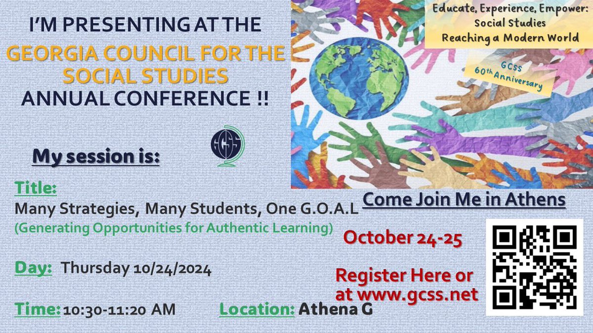 amlawrence123's tweet photo. Looking forward to a great GCSS conference in Athens on Thursday and Friday!  Hope and I are excited to be presenting this year! If you are there, check out our session at 10:30 on Thursday in Athena G!  New this year… we have door prizes! #gcss2024 #socialstudiesmatters https://t.co/CY9O7bDdf4