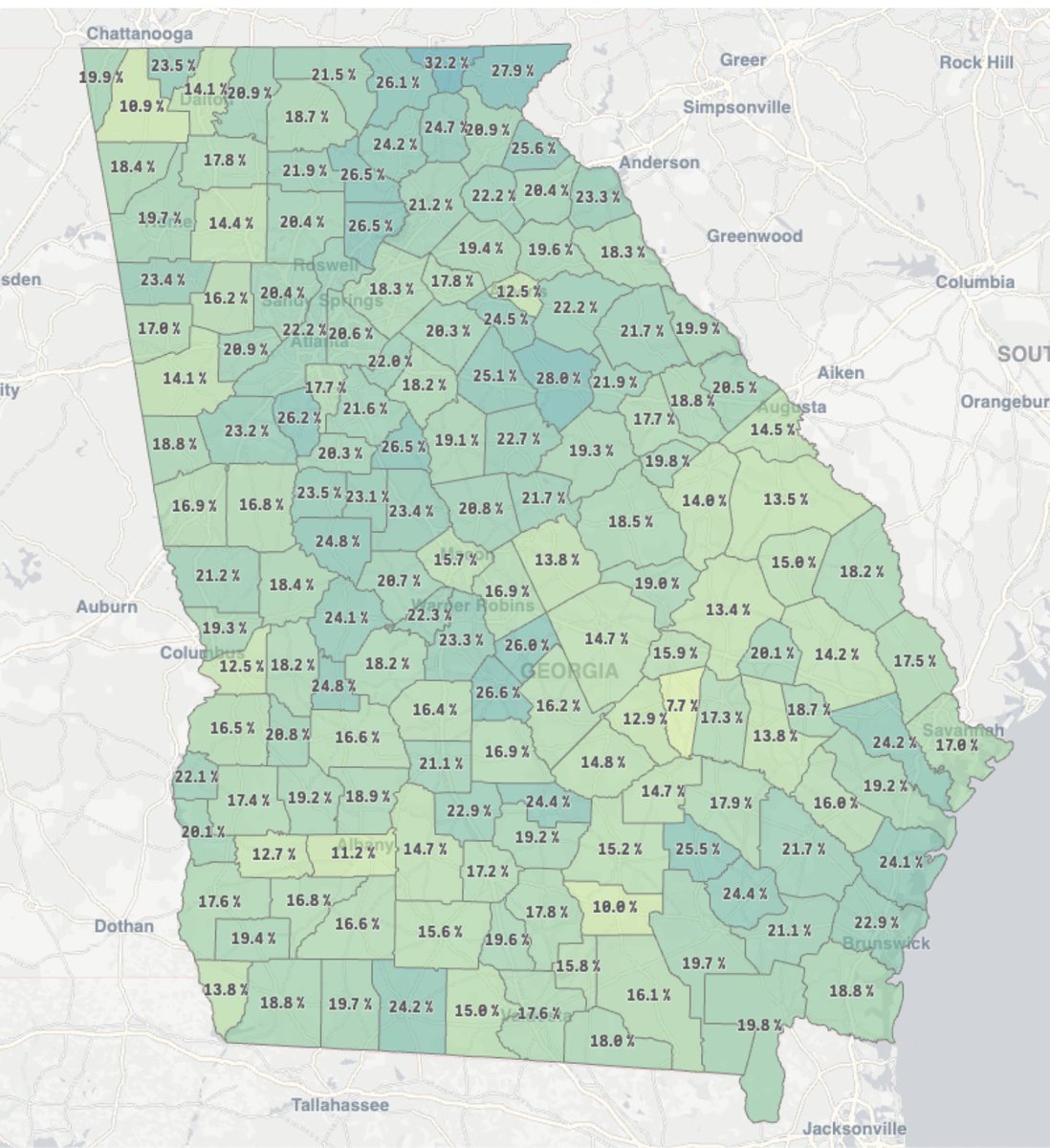 VoteHub's tweet photo. Georgia 🍑 
Early voting update
In-person: 1,344,994 ballots
Mail: 79,945 ballots

Race breakdown: 59% White, 28% Black, 13% Other
Gender breakdown: 55.2% Female, 44.5% Male

Statewide turnout: 19.8%
White turnout: 22.6%
Black turnout: 18.3%

Turnout for each county shown below. https://t.co/ABfM0jf4k3