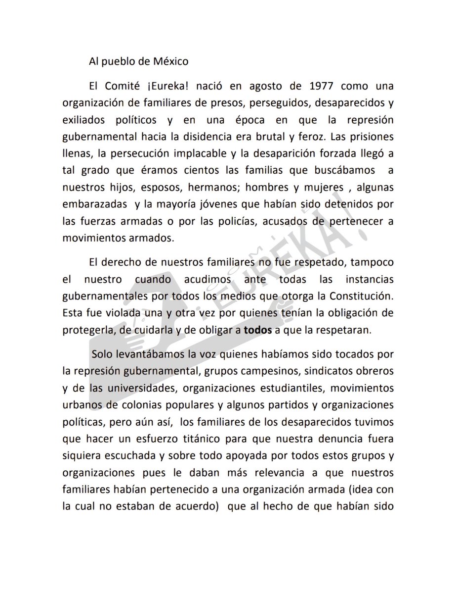 museomucmi's tweet photo. COMITÉ ¡EUREKA!… Al pueblo de México. 

Posicionamiento ante las descalificaciones sobre el trabajo de la compañera #RosarioPiedraIbarra presidenta de la #CNDH 

#VivosLosLlevaronVivosLosQueremos 

1/2 https://t.co/F2mmulc0b2