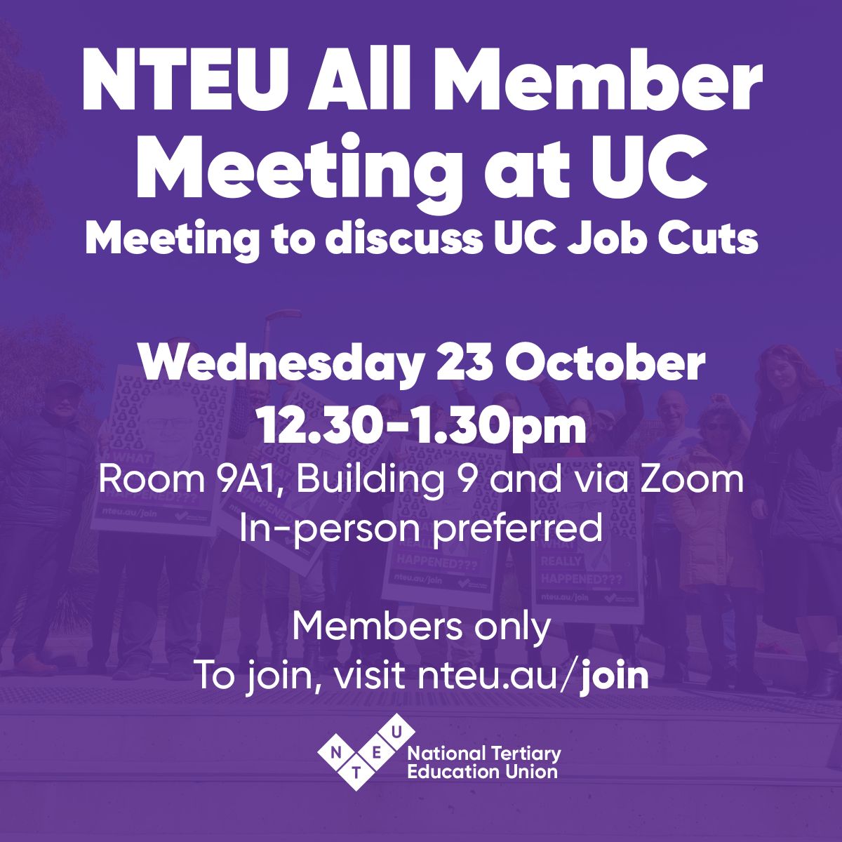 NTEUACT's tweet photo. This morning changes were announced at @UniCanberra with more than 200 expected job losses.

@NTEUnion members will hold a meeting at UC on Wednesday. If you're not yet a member, join the union before the meeting at https://t.co/enBhTM65fE.

Zoom: https://t.co/CDo1F5Pqed https://t.co/cgyw03hGP3