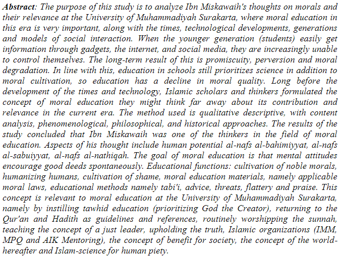 Profetika_'s tweet photo. Hartono, and Imron Rosyadi. “#IBNMISKAWAIH’S THOUGHTS ON #MORAL #EDUCATION AND ITS RELEVANCE AT #UNIVERSITASMUHAMMADIYAHSURAKARTA.” Profetika: Jurnal Studi Islam, vol. 25, no. 01, Mar. 2024, pp. 83–94. https://t.co/4KyDHBgqTu, https://t.co/jKd574rAWi. https://t.co/m8E6e2ezf5