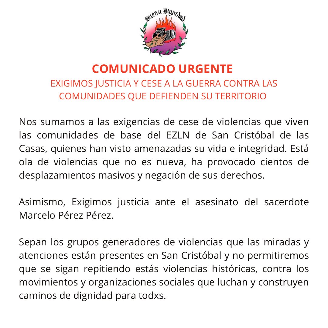 SuenaDignidad's tweet photo. Nos sumamos a la exigencia de cese inmediato de las violencias contra las comunidades del #EZLN en Chiapas. Exigimos justicia por el asesinato del sacerdote #Marcelo Pérez, defensor de la vida.

¡No permitiremos más injusticias históricas!

#JusticiaParaMarcelo #EZLN https://t.co/u6m3VZx4pM