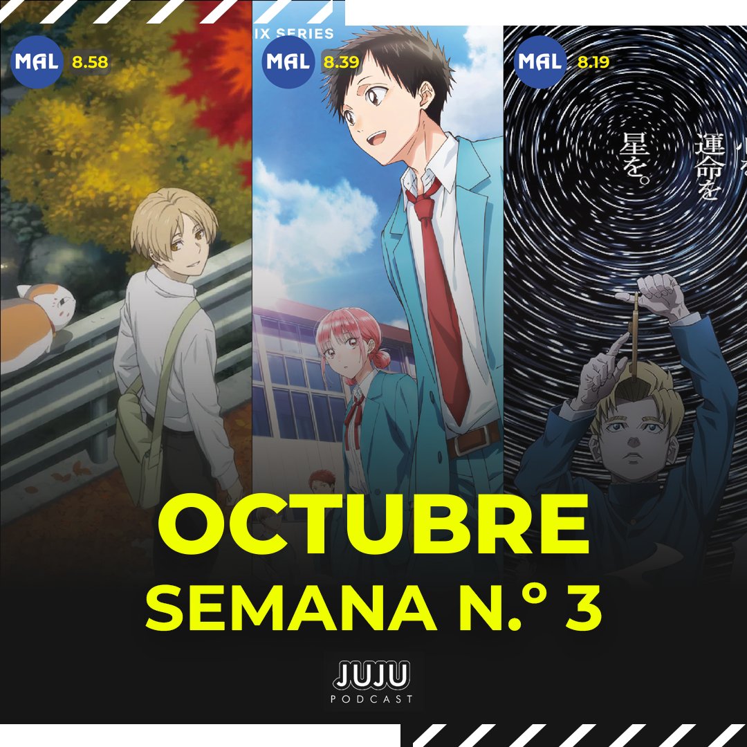 JujuPodcast's tweet photo. El top 6 en esta tercera semana de Octubre. Los primeros 5 se repiten, con Bleach encabezando la lista y Dandadan como el anime nuevo que mas estan disfrutando los fans. A diferencia de la semana pasada tenemos a "Orb" que se mete en el top 6. https://t.co/Me87Wdsbx0