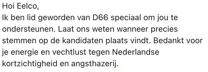 EelcoKeij's tweet photo. Lid worden van @D66 om m’n kandidatuur voor Internationaal Secretaris te kunnen ondersteunen - meerdere keren gebeurd inmiddels in de afgelopen weken, en zó bemoedigend! 

👉👉 https://t.co/OYP5mFPD7S https://t.co/fxtBjB8qAD