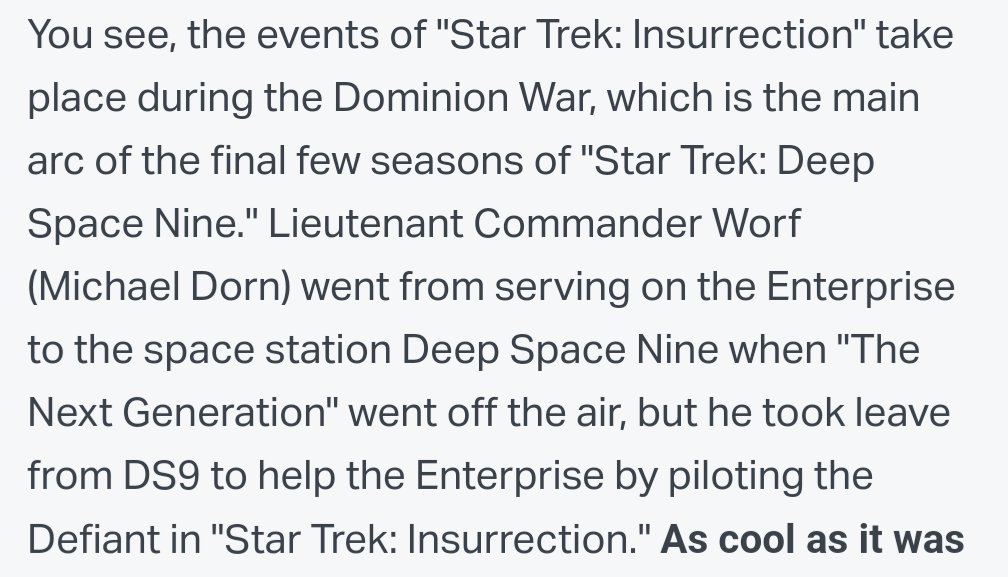 jalbretsen's tweet photo. @slashfilm should just really stop writing articles about Star Trek. It seems there is often a glaring error in whatever they write.

The Defiant shows up in First Contact, not Insurrection. https://t.co/K9pAiuC3hP