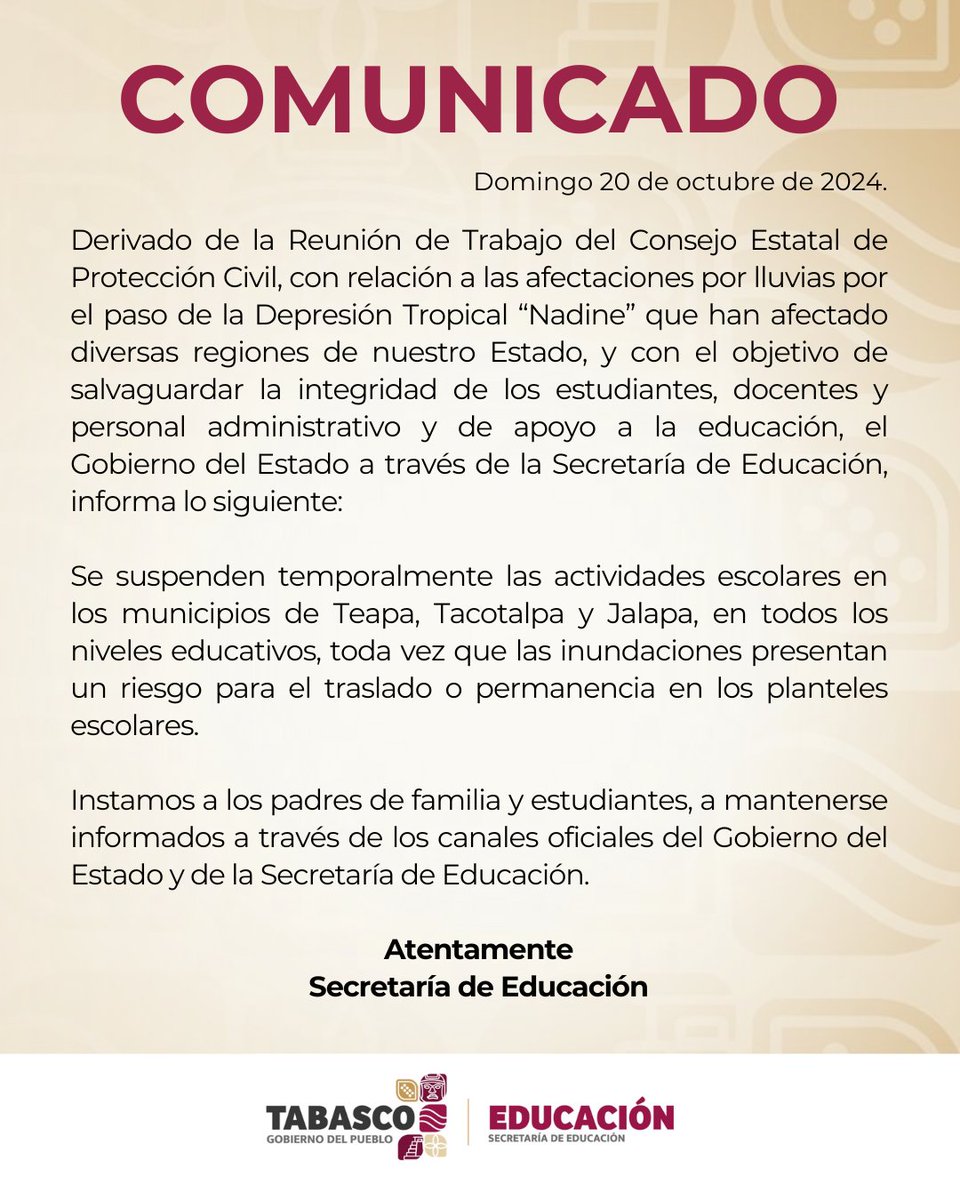 📄 #SETABInforma 
Se suspenden temporalmente las actividades escolares en los municipios de Teapa, Tacotalpa y Jalapa, en todos los niveles educativos. 

 #EducaciónDeCalidadYCalidez✏️📖