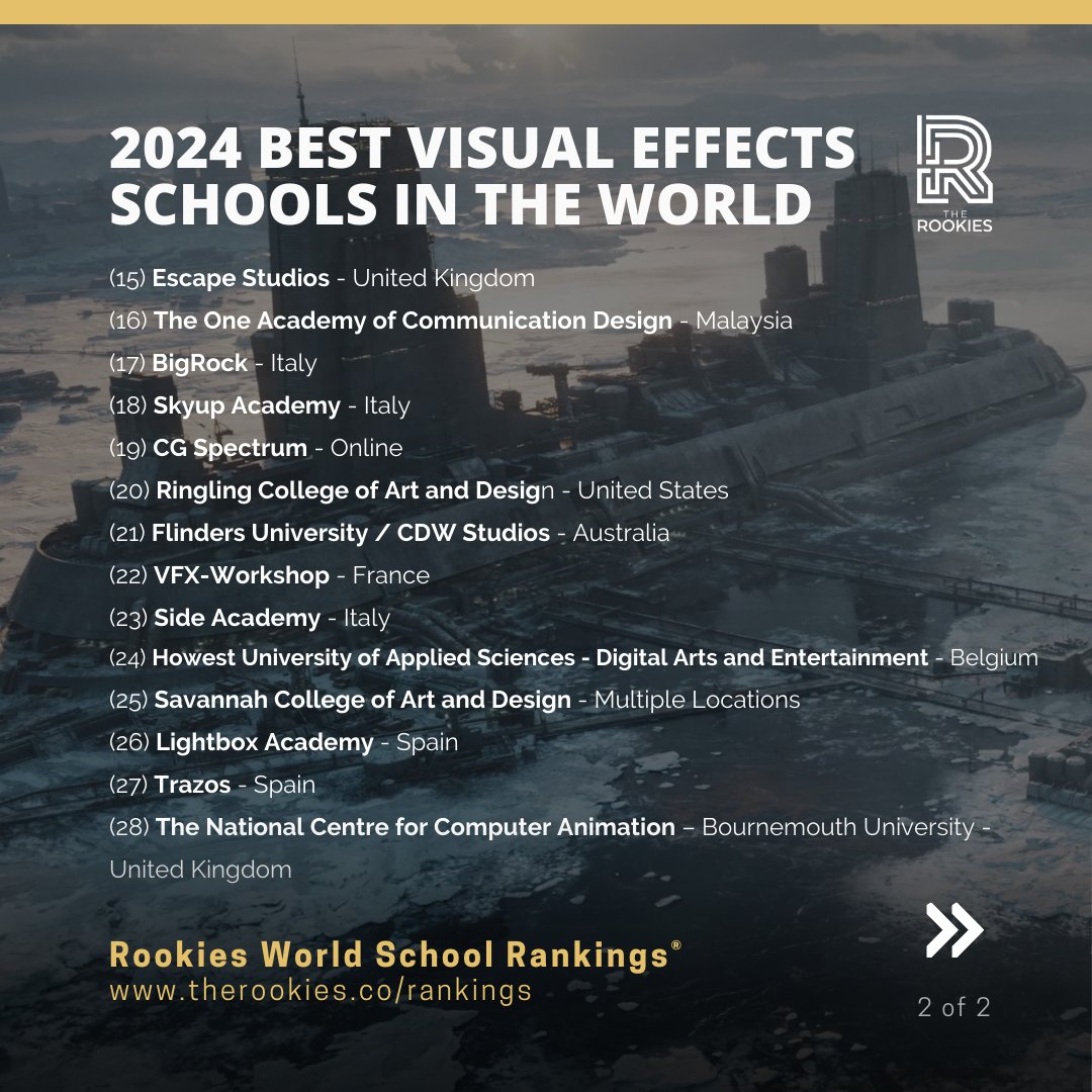TheRookiesCO's tweet image. If you&apos;re thinking about a career in Visual Effects, these schools are a great place to start your search. Check out full details using 👉 therookies.co/rankings #visualeffects #vfx
