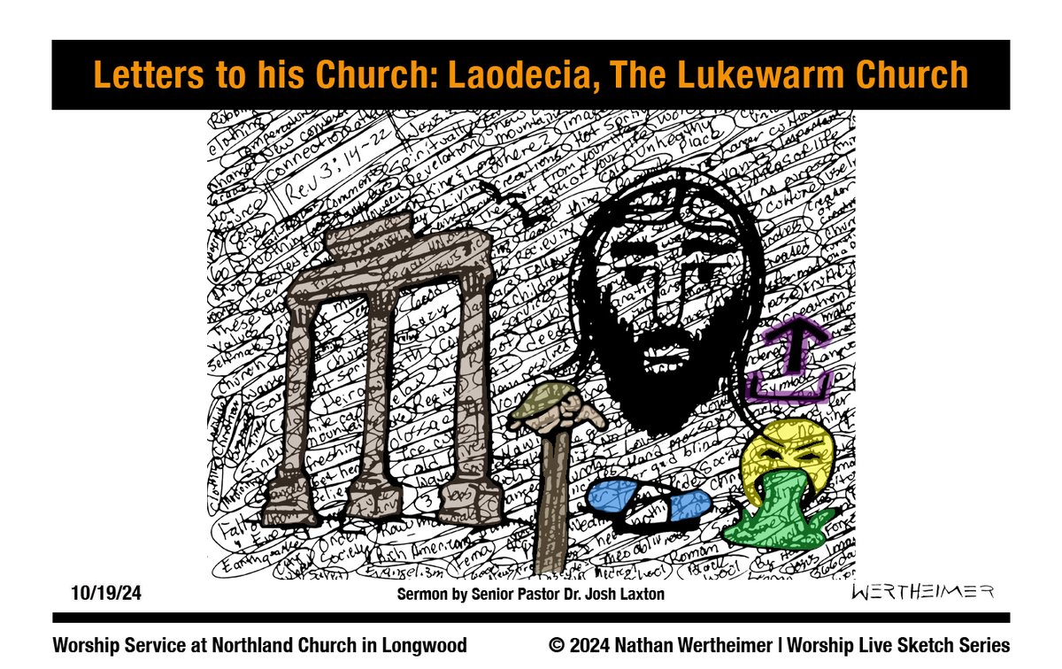 DrawingFromGod's tweet photo. Here's a past weekend's Worship Live Sketch Series entitled "Letters to his Church: Laodecia, The Lukewarm Church" sermon by Senior Pastor Dr. Josh Laxton at Northland Church in Longwood, Florida. Artwork by Nathan Wertheimer. #northlandchurch https://t.co/6M0tcoDZgy