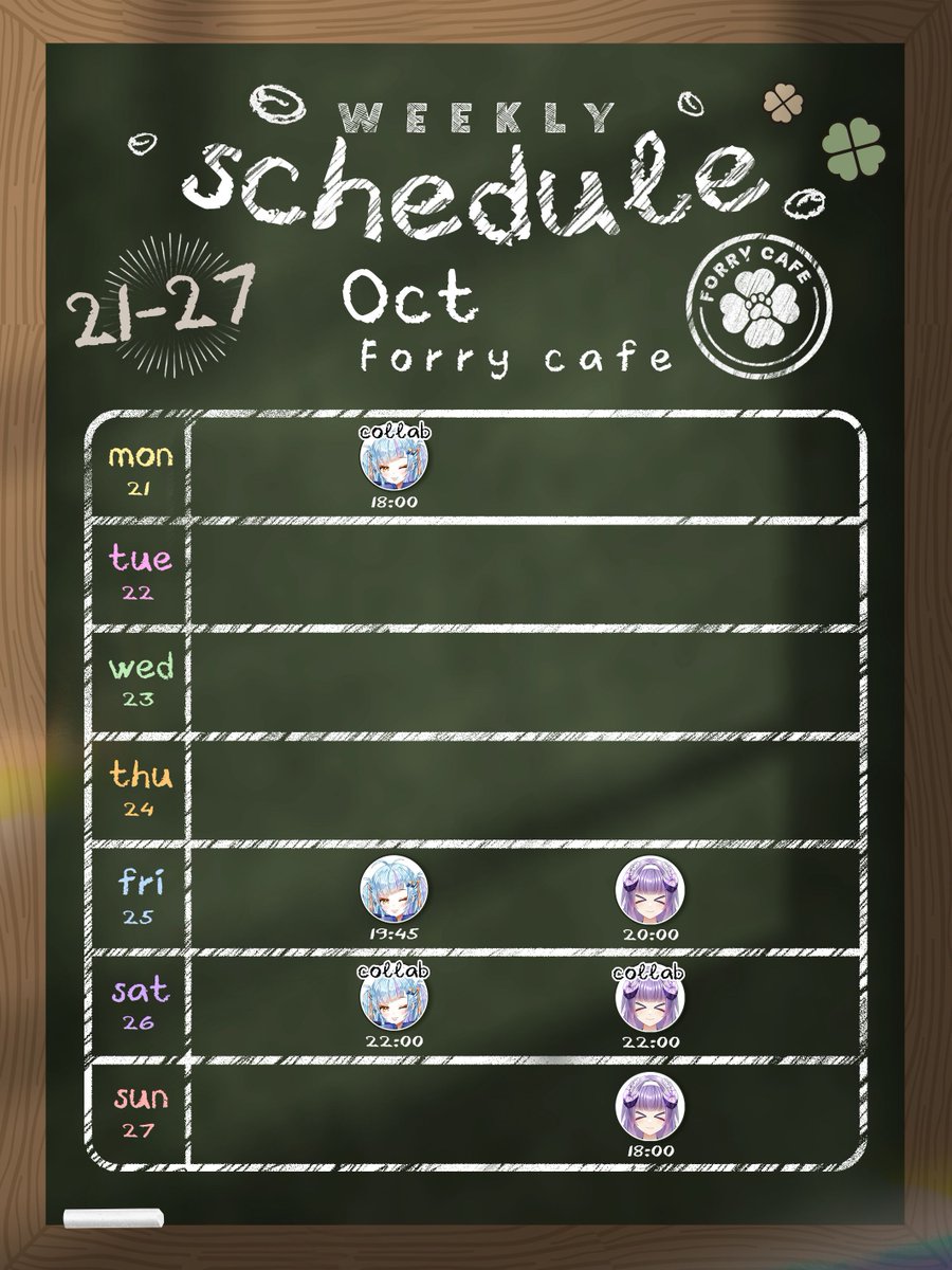ForryCafe's tweet photo. 🍀ตารางงานของพนักงาน GEN 1🍀
ประจำวันที่ 21-27 ตุลาคม 2024
•
@FrozyForry @PenguCH @pinto__xx @EmilVtuberth @FusuiForry
•
#CV_Forry
#pintolive #Pengu_Live #FrozyLive #EMILLive https://t.co/u3OABIZh3E