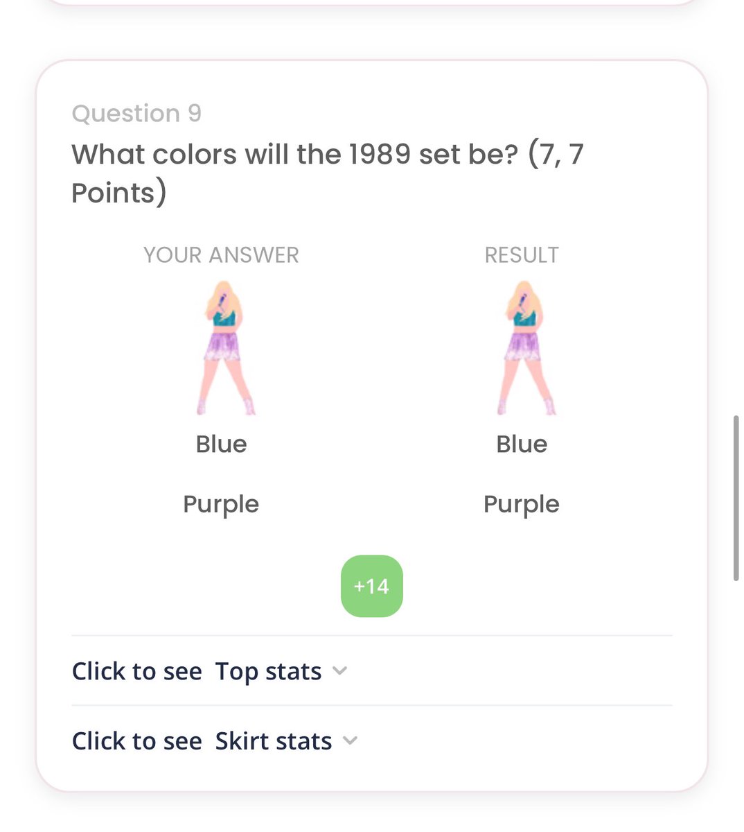 Faith_56512's tweet image. This is the first time I’ve ever gotten both the top and skirt right!!! I’m still only at like 33 points though for tonight 😬 #Swiftiealert #mastermindgame #mastermind #TaylorSwift #ErasTourMiami