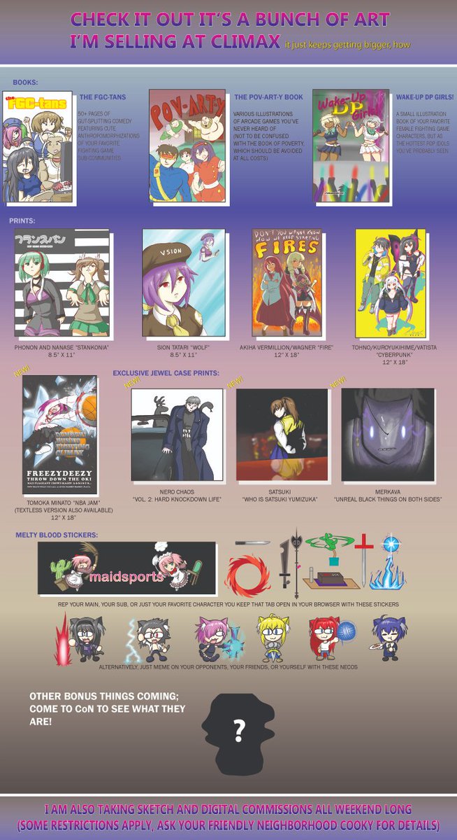 here's the stuff I'll have available at my table at climax! spread the word yall