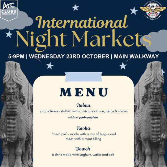 asaunsw's tweet photo. The International Night Markets are back, and so are we! 👀🎉

Find us at the markets serving up and selling dolma (with a side of masta🤨), doweh, and kooba! 🤤

🗓️Wednesday 23rd October (wk7)
🕔5-9pm
📍Main Walkway 
 (specific location will be updated on our story) https://t.co/SWEIM9vL4H