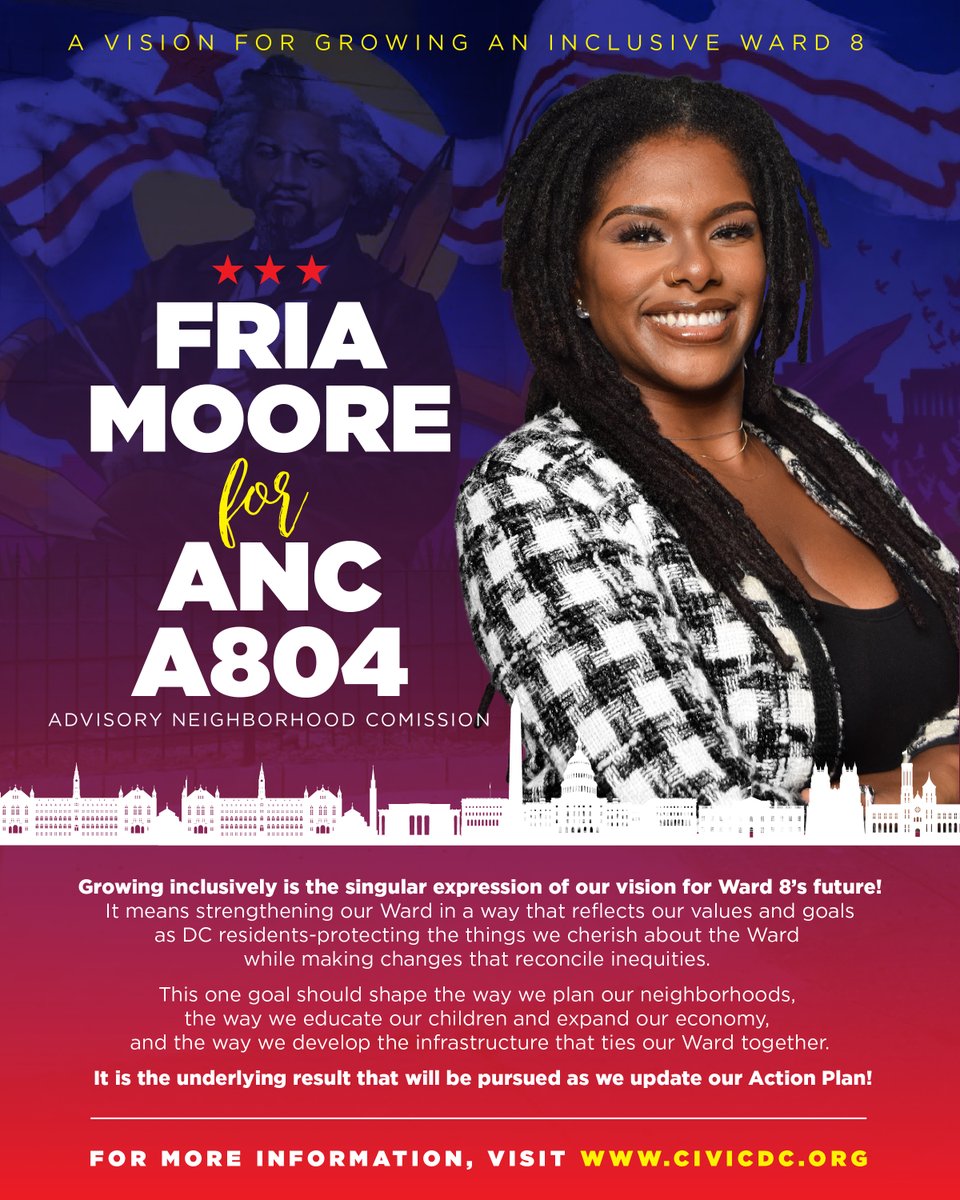 FreeMooreA804's tweet photo. Fria Moore is running for the Advisory Neighborhood Commission (ANC) to bring positive change to our community. As an ANC member, she will focus on addressing key issues that residents face, particularly the lack of awareness about community resources and processes. https://t.co/Lp8qw8v4Mt
