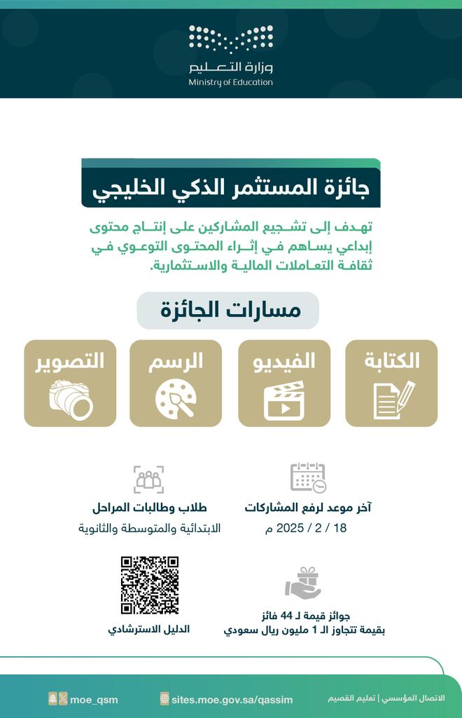 أسعد الله جميع أوقاتكم روادنا الأعزاء
انطلقت منافسات جائزة المستثمر الذكي والتي تستهدف الطلبة من جميع المراحل على أربع مسارات:
- الكتابة ✍️
-الرسم 🎨
- التصوير📸
-الفيديو📹
من خلال احد المسارات الأربعة بامكان الطالب تصميم مشاركته حول المواضيع المرفقة كصورة في التغريدة..
📌 كما