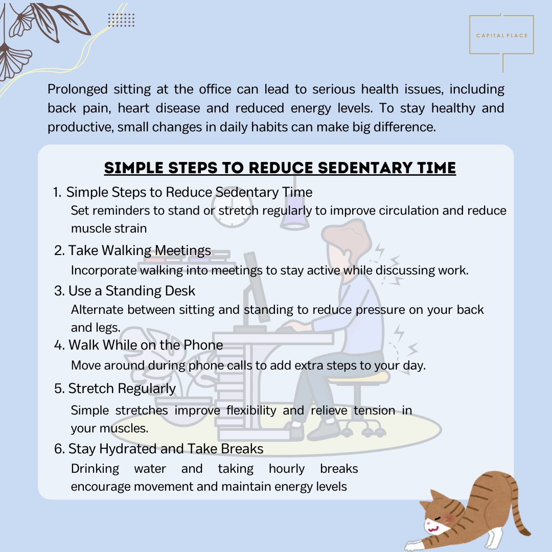CapitalPlaceJKT's tweet photo. Prolonged  sitting at the office can lead to serious health issues, including back  pain, heart disease and reduced energy levels. To stay healthy and  productive, small changes in daily habits can make big difference.
#capitalplacejakarta #sedentary #sedentarylifestyle #exercise https://t.co/CTTAcklCAD