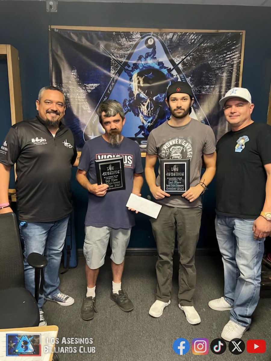 losasesinoshtx's tweet photo. Scotch Triples 8 Ball Tournament results
1️⃣st - Rack'm
2️⃣nd - Phenollical Balls
3️⃣rd - Screwstone Cues

#losasesinosbilliardsclub #bogiesbilliardsandsportsbar #hillbillybilliards #roofersinc #scotchtriples #billiardsclub #funtimeswithfriends #houston https://t.co/JN2TuJODzU