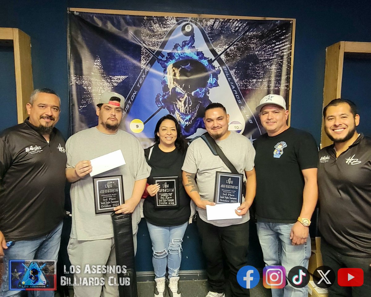 losasesinoshtx's tweet photo. Scotch Triples 8 Ball Tournament results
1️⃣st - Rack'm
2️⃣nd - Phenollical Balls
3️⃣rd - Screwstone Cues

#losasesinosbilliardsclub #bogiesbilliardsandsportsbar #hillbillybilliards #roofersinc #scotchtriples #billiardsclub #funtimeswithfriends #houston https://t.co/JN2TuJODzU