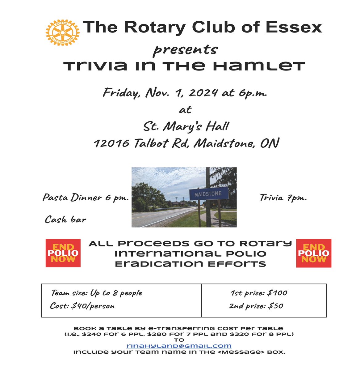 Raising money for Polio. Get you team together, enjoy a great pasta dinner and have some fun raising funds. Information on how to register on the flyer.