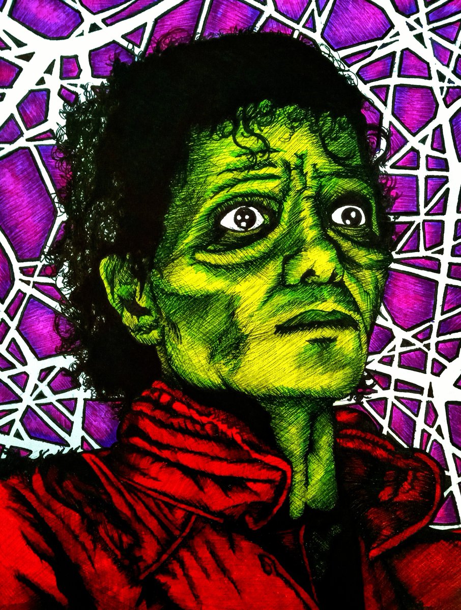 BudEIce's tweet image. 🟩🟪🟥🟩🟪🟥🟩🟪🟥🟩🟪🟥🟩
Finished version of my Michael Jackson drawing, in full zombie form from the &quot;Thriller&quot; music video. This was super fun to do, especially considering the time of year. All done in pencil, pens &amp;amp; markers 🎨✍🏻✏️ 
🟩🟪🟥🟩🟪🟥🟩🟪🟥🟩🟪🟥🟩
