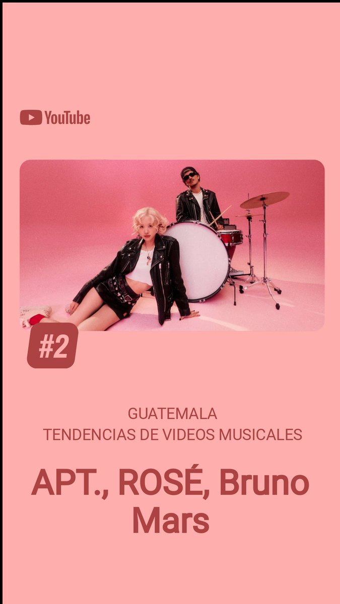 BLACKPINKGT's tweet photo. Rosé y Jennie en las tendencias de Videos Musicales en YouTube Guatemala. 

#2 APT (MV) - Rosé &amp; Bruno Mars 
#10 Mantra - Jennie 
#17 APT (Audio)  - Rosé &amp; Bruno Mars 

#JENNIE #제니 #ROSÉ #로제 #APT #Mantra https://t.co/toLDCMCyz5