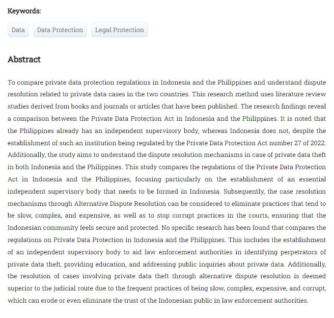 Jurisprudence_e's tweet photo. Amiludin, Amiludin, dkk. “Comparison Of Protection Laws Private Data In Indonesia, And The #Philippines.” Jurnal #Jurisprudence, September 2024. https://t.co/RWqsxZGR9K, https://t.co/dyBfkH0urt. https://t.co/rnEjdU5rrA
