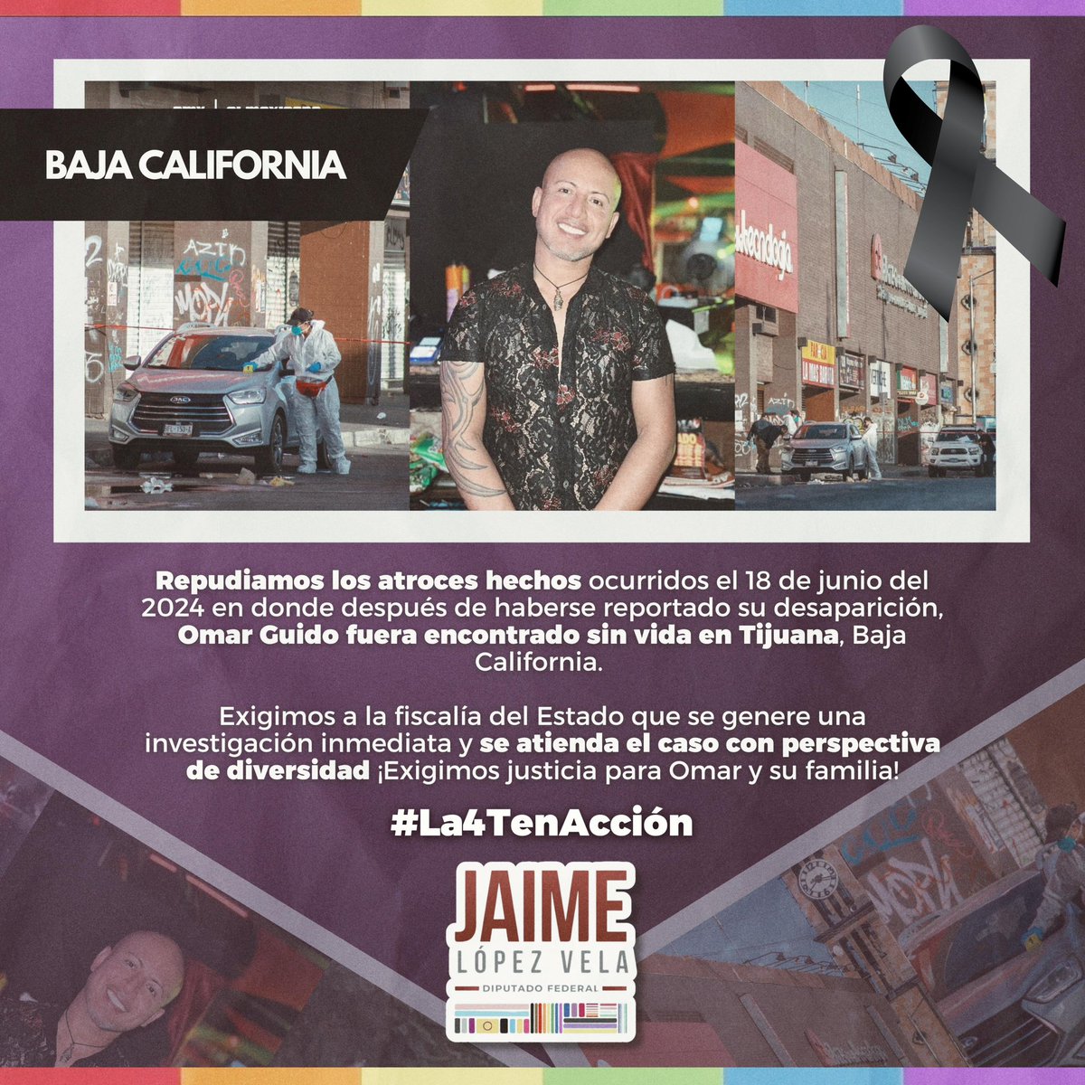 Jaime López Vela🏳️🌈🏳️⚧️ (@jaimelopezvela) on Twitter photo Repudiamos el asesinato de Omar Guido dueño del bar LGBT Sodoma. Exigimos a la <a href="/FGEBC/">Fiscalía General del Estado de Baja California</a> atención, esclarecimiento y justicia en el caso.
Nos solidarizamos con sus familiares, amigos y conocidos.
🕊️ Repudiamos el asesinato de Omar Guido dueño del bar LGBT Sodoma. Exigimos a la <a href="/FGEBC/">Fiscalía General del Estado de Baja California</a> atención, esclarecimiento y justicia en el caso.
Nos solidarizamos con sus familiares, amigos y conocidos.
🕊️