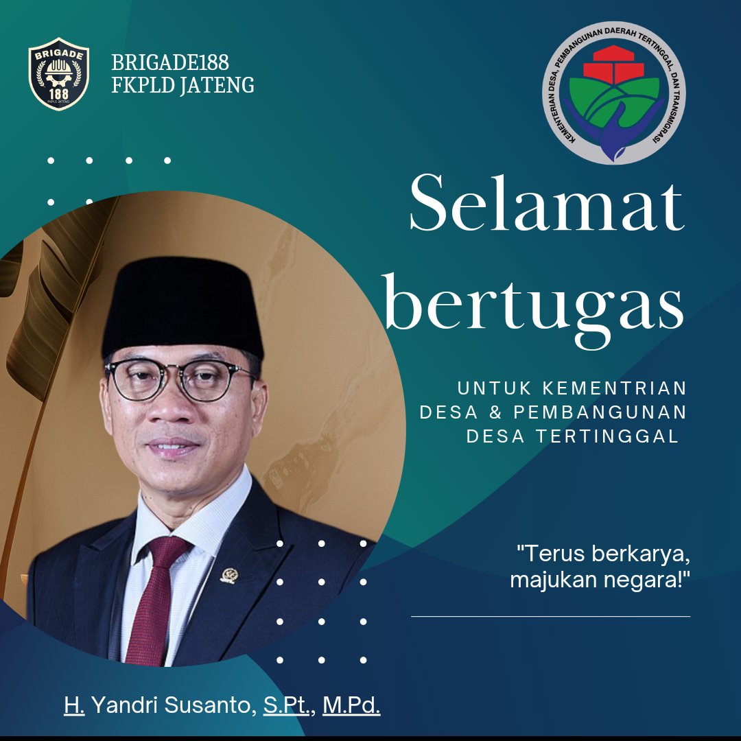brigade188xxxx's tweet photo. Selamat mengemban tugas Mentri Desa &amp; pembangunan Desa Tertinggal
Sehat selamat berkah dan amanah
@prabowo
@gibran_tweet

@YandriSusanto 
@kemendespdtt 
@tppkemendes 
@BPI_Kemendes 
@DitjenPEI 
@ditjenpdp 
@bpsdmkemendesa 
#KabinetMerahPutih https://t.co/3NzlaqhiDL