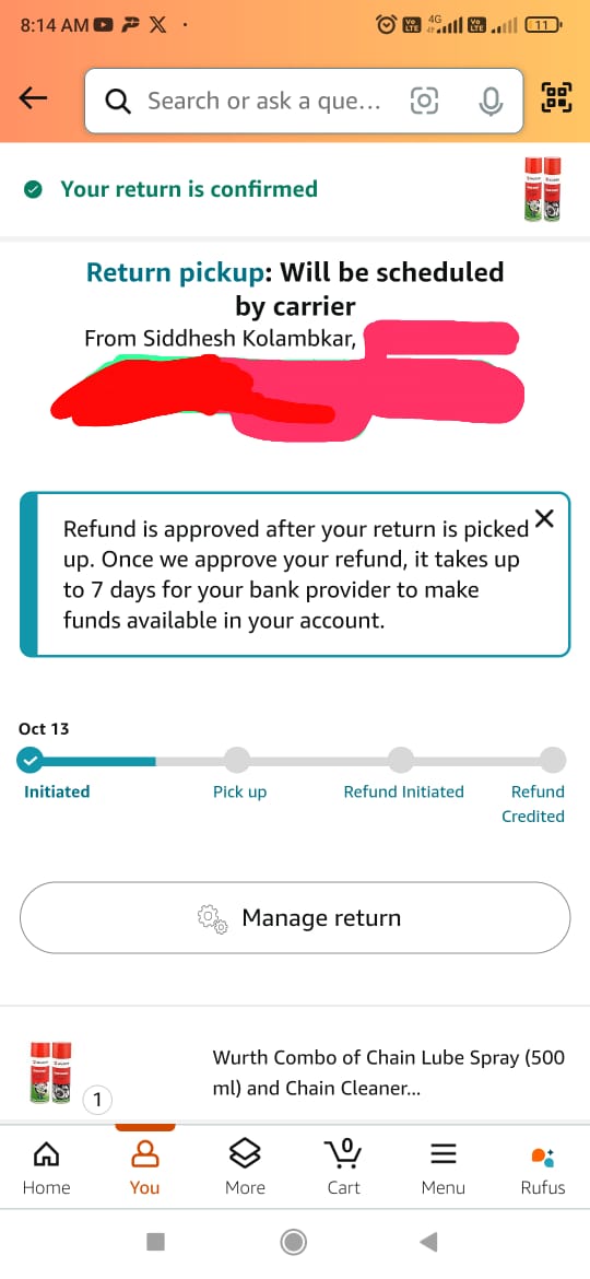Siddhesh001's tweet photo. @amazonIN @JeffBezos what wrong with Amazon India. I have placed return order on 13Oct. Even after 1 week, no pickup is arranged. Y should I have wait such a long time. Please get your defeated product back and proceed with refund ASAP. https://t.co/N2BOFNJqJs