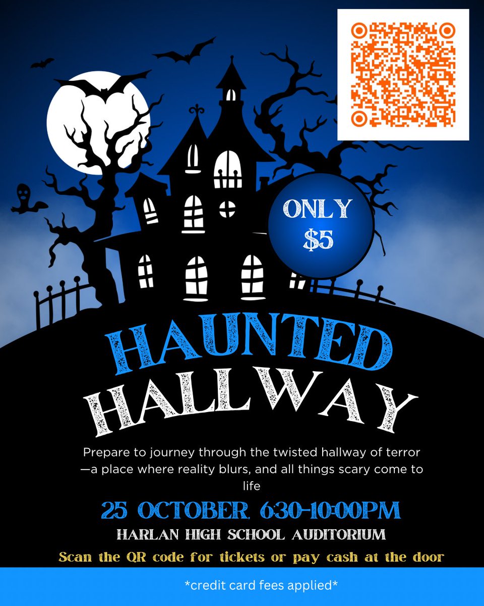 Harlan2025's tweet photo. Ghouls and Goblins, who’s ready for a spooky good time??? 

Join us Friday night for some spooks and thrills. Tickets are only $5 and can be bought using the QR code or at the door. 🎃 👻 🧙‍♀️ https://t.co/NuOXyuDx71