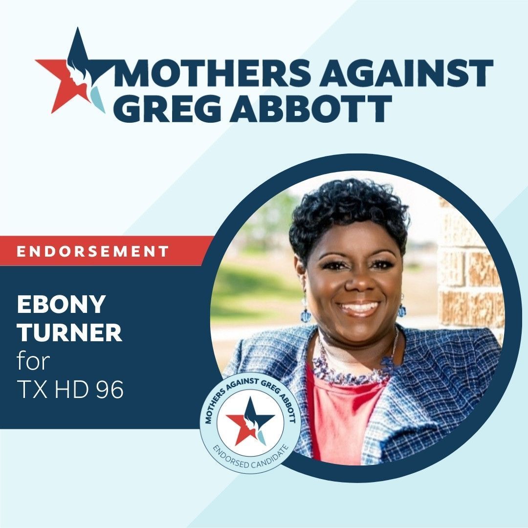 MomsAGAbbott's tweet photo. Mothers Against Greg Abbott is proud to endorse Ebony Turner @EBforHD96 for State House District 96! South Tarrant County, from out west in parts of Crowley to Britton and from Burleson and Mansfield on north to Lake Arlington, that's you!

Learn more about how Ebony will make Texas better for EVERYONE: https://t.co/Q3HuDjWVlu

#TurnTexasBlue #arlingtonlake #lakearlington #rendontx #rendontx #mansfieldtx #mansfieldtexas #kennedaletx #tatesprings #burlesontexas #burlesontx #evermantx #bisbeetx #watsonvilletx #brittontx #rettatx #txlege #TexasVoter